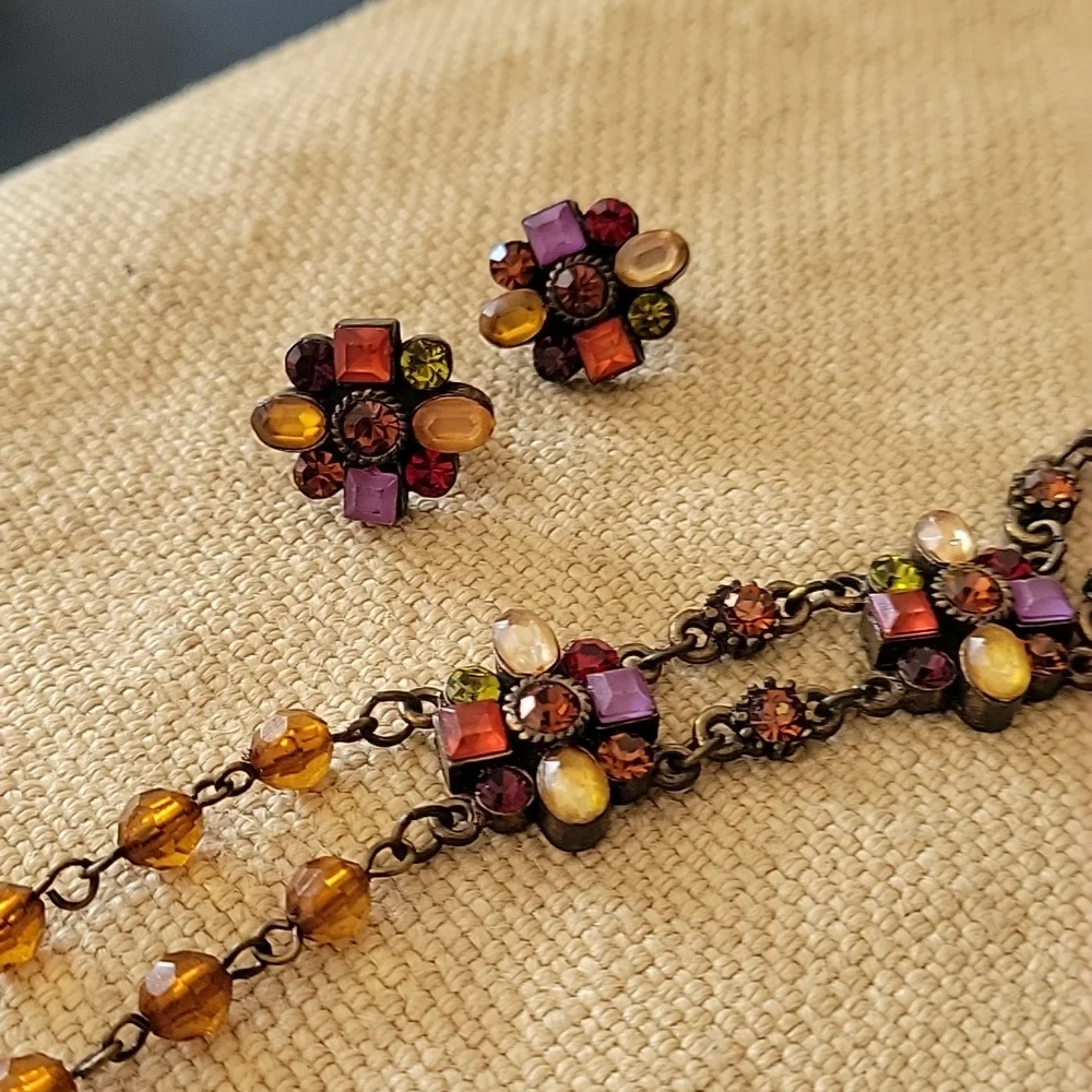 Multi gem pierced earrings and choker set - Picture 4 of 10